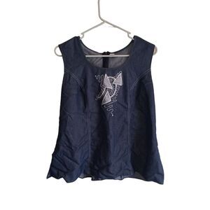 Denim Stich print‎ flowy sleeveless patchwork blouse